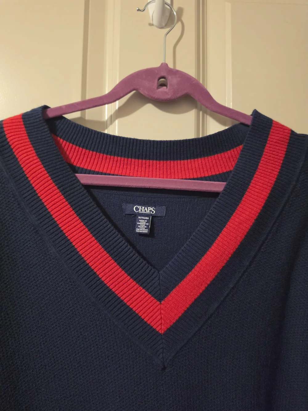 Champs Navy V-Neck Sweater with Red and White Trim 1x